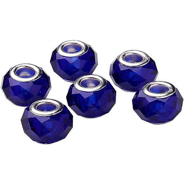 100 STK. Midnatsblå Facetterede Rondelle Krystalglas Perler Håndlavede Lampwork Europæiske Store Hul Perler med Sølvfarvede Messingkerner Smykker Perle Fin