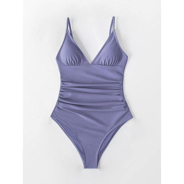 Dame Badedragt Heldragt V-hals Mavekontrol Rynket Front Lav Ryg Purple M