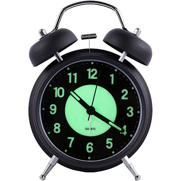 4 tommer Belyst Vækkeur, Retro Dobbelt Klokke Analog Quartz Lydløst Vækkeur Med Lydalarm Og Natlys, Metal Kabinet (sort)