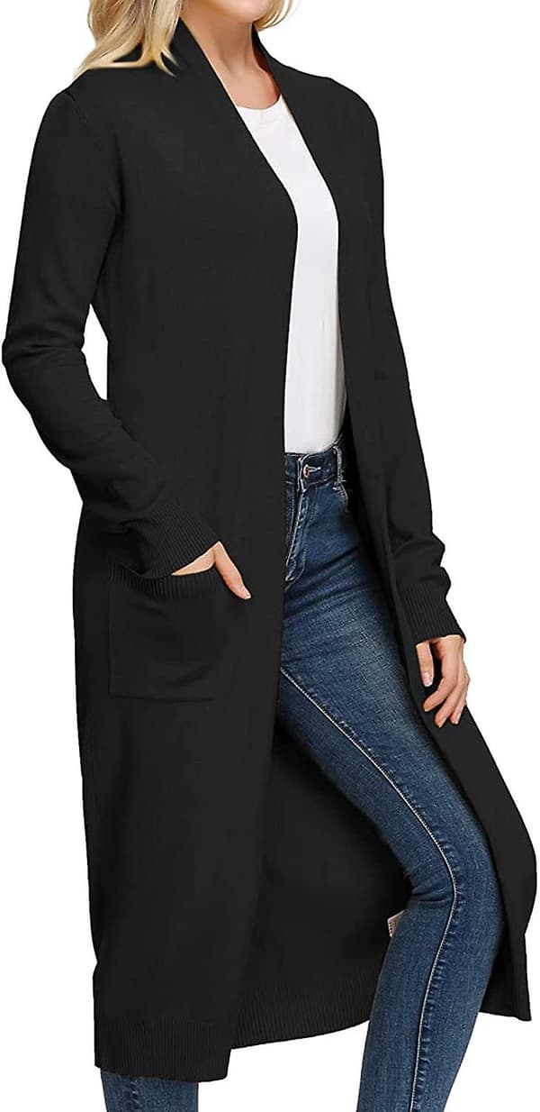 Essentiell Solid Open Front Maxi Lång Stickad Cardigan Tröja för Kvinnor XL