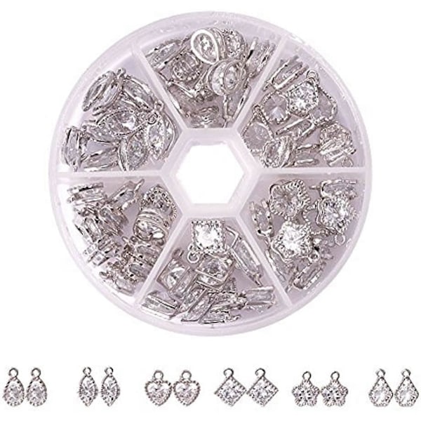 1 Ask 60 st Cubic Zirconia Legering Charm Set i 6 Stilar för Smyckestillverkning Storlek 10-15mm Längd i Platina