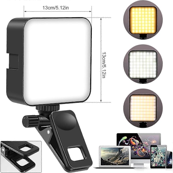 LED-puhelinvalo klipsillä, 2000 mAh ladattava puhelimen täytevalo, 120 LED-selfievalo, 3 valotilaa, säädettävä klipsi, kompakti videotäytevalo L-kokoon