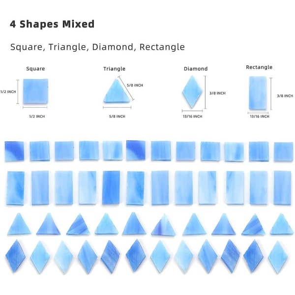 Glasmosaikplattor för konsthantverk, 4 former blandade färgglada glasplattor Tiffany bitar av målat glas, 200 bitar, fyrkantig/rektangel/diamant/triangel, hav