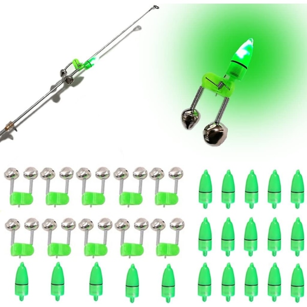 Fiskeklokker med Lys 20 stk LED Nattfiskelys 10 stk Fiskestang Agn Alarm Klokke
