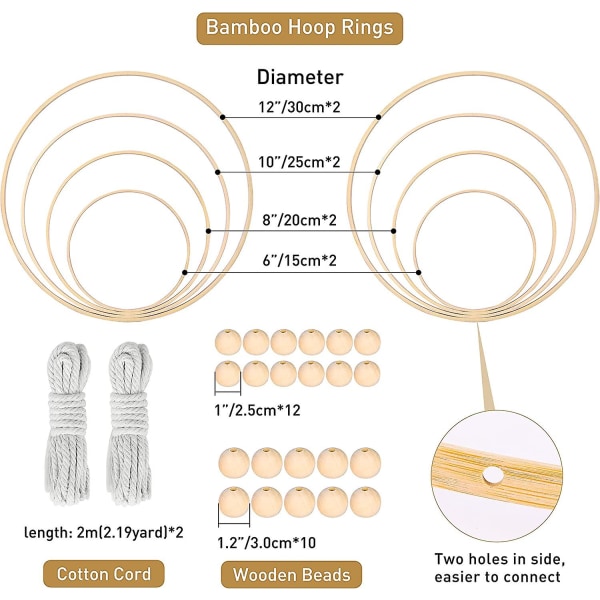 8 st trä bambu blomsterkrans ring med 2 storlekar 22 st träpärlor för hantverk och gör-det-själv heminredning, bröllopsdekorationer, drömfångare och vägg