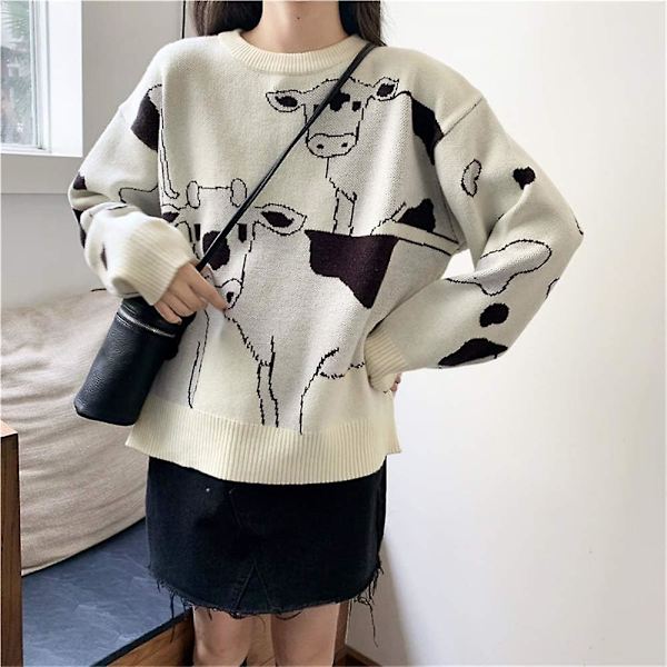 Vintage lehmäkuvioinen neulepusero - Rento, väljä Harajuku-tyylinen naisten neulepusero, japanilainen Kawaii söpö villapaita