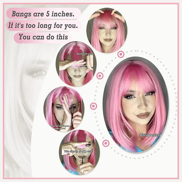 Pinkit otsatukkaiset peruukit, 30 cm lyhyet suorat peruukit, värikäs synteettinen cosplay-peruukki päivittäiseen käyttöön ja juhliin naisille