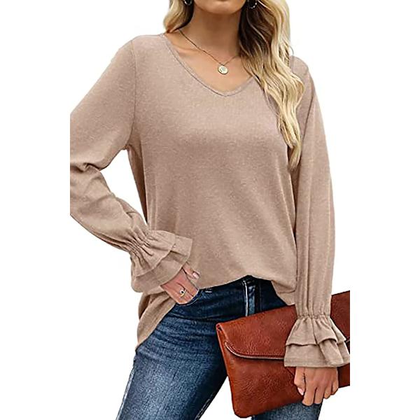 Dame Ensfargede Topper Casual V-hals Ruffle 3/4 Bell Erme Bluse Tunika Løs Skjorte Khaki B M
