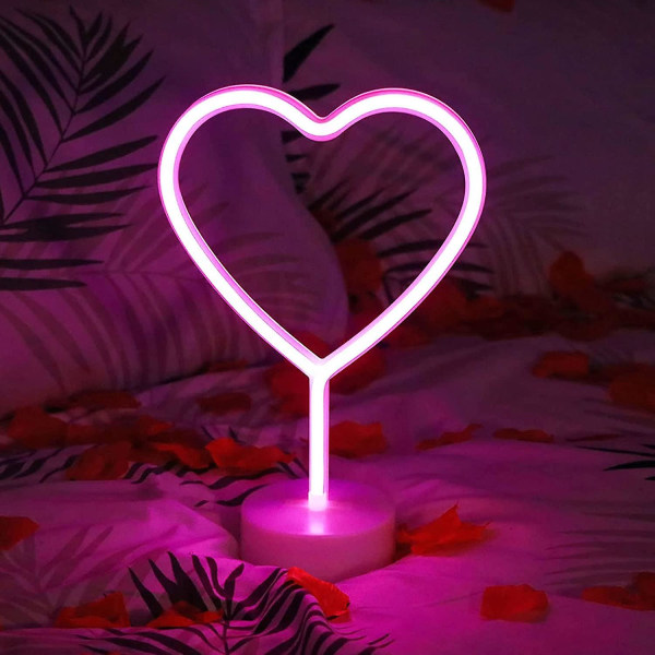 Neon Hjerte Lys LED Neon Skilt Nattlys Romdekor Hjerteformet Lys Med Holder Base Bord Neon Lys For Soverom Morsdagsgave