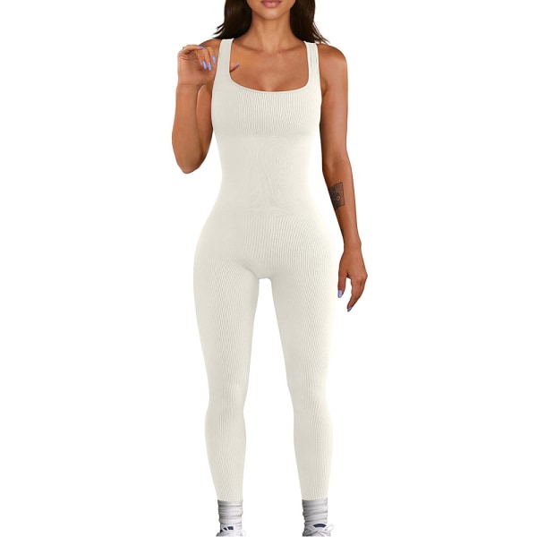 Kvinnors Yoga Ribbade En Delig Tank Toppar Rompers Ärmlös Träning Overaller white L