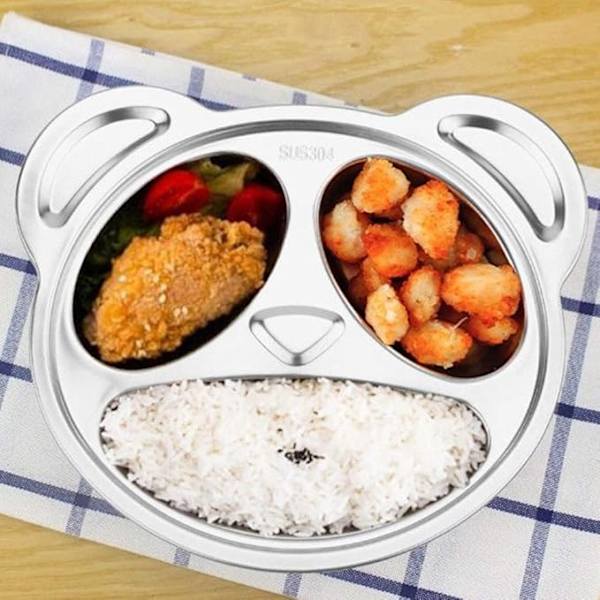 Børneopdelt tallerken, 3-rums pandaformet tallerken i rustfrit stål til småbørn, portionskontrol, madbakke til snacks