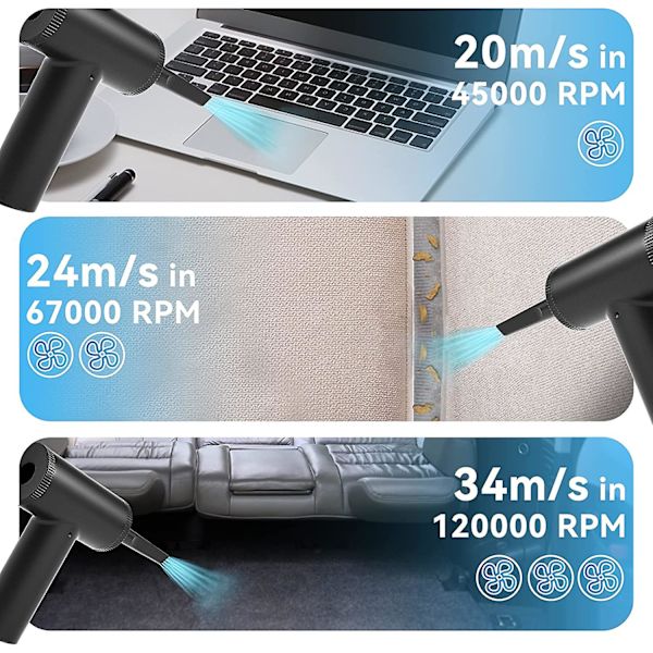 Tryckluftsdammsugare, elektrisk luftdammsugare och dammsugare 2 i 1, 3-växlad, för rengöring av damm, hår, smulor för dator, tangentbord, bil, ersätter kompress