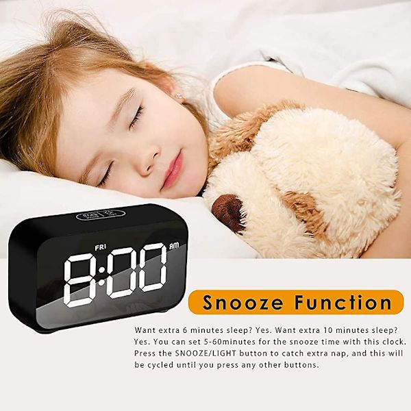 Väckarklocka, digital klocka batteridriven med Acsergery snooze, nap timer och USB-present