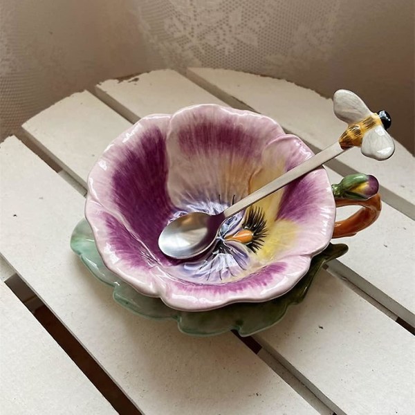 Keraaminen kahvikuppi ja aluslautanen lusikalla, 3D käsintehty ja käsinmaalattu teekuppi, syntymäpäivälahjat naisille 240ml, aamunkukka Pansy