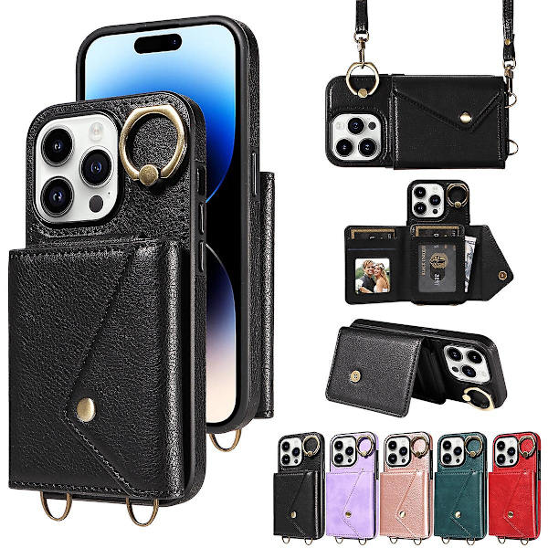 Plånboksfodral Kompatibelt med Iphone 15 Pro Max, PU Läder Stötsäkert Fodral med Axelrem, Ringhållare & Kortfack Black For iPhone 15 Pro Max