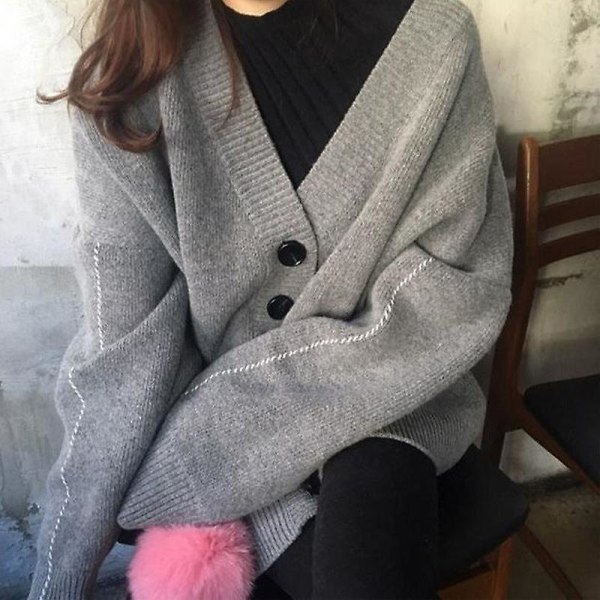 Multifarvet efterårs- og vinter afslappet og løs plus cardigan sweater frakke dame v-hals mid-længde sweater Black M