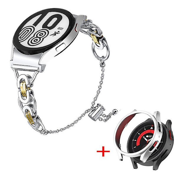 Armbånd i rustfrit stål til Samsung Galaxy Watch 5 44mm med PC beskyttelsesramme Silver Gold Silver Frame