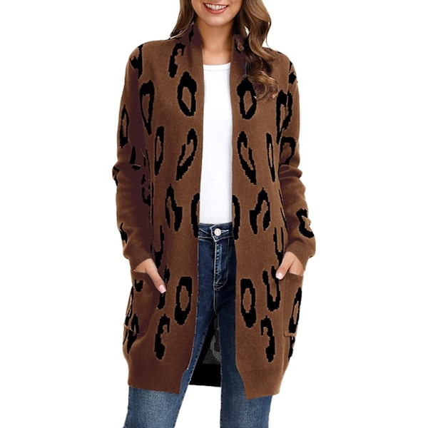 Essential Leopard Print Lång stickad cardigantröja med öppen framsida för kvinnor S