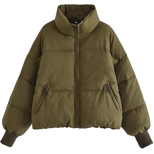 Naisten Talvi Pitkähihainen Pystykaulus Vetoketjullinen Puffer-takki Löysä Lyhyt Untuvatoppatakki Army Green Small