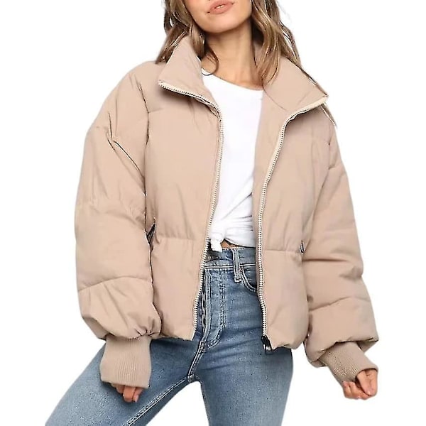 Naisten Talvi Pitkähihainen Pystykaulus Vetoketjullinen Puffer-takki Löysä Lyhyt Untuvatoppatakki Khaki Medium