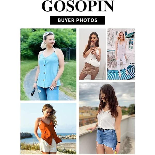 Sommerbluse for kvinner, ermeløs V-hals, avslappet, justerbare spaghettistropper, cami White M