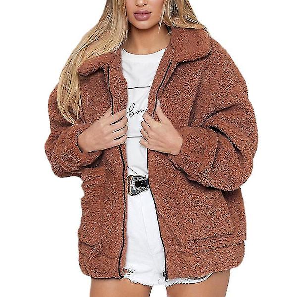 Dame Bjørn Fleece Jakke Frakke Lynlås Overtøj Brown XL