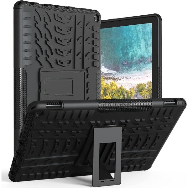 För FIRE Hd 10 Tablet Case 2021, Heavy Dual Dual Layer Stötsäker Slagtålighet Kickstand Case Kompatibel med Fire Hd 10 Case & 10 Black