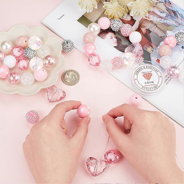 48 st Bubbelgum Pärlor Rosa Pärlor 20mm Akryl Crackle Pärla Resin Strass Pärla Imiterad Rund Pärla Ogenomskinlig Lös Distans Pärlor för Smyckestillverkning