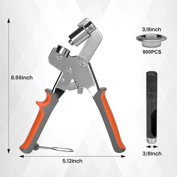 800 st Grommetverktygssats, Grommetpress Tång 3/8 tum (10 mm) Handhållen Ögleverktyg, med 800 st Silver Grommets och en Hålslagare, Ergonomisk, Sparar Ansträngning