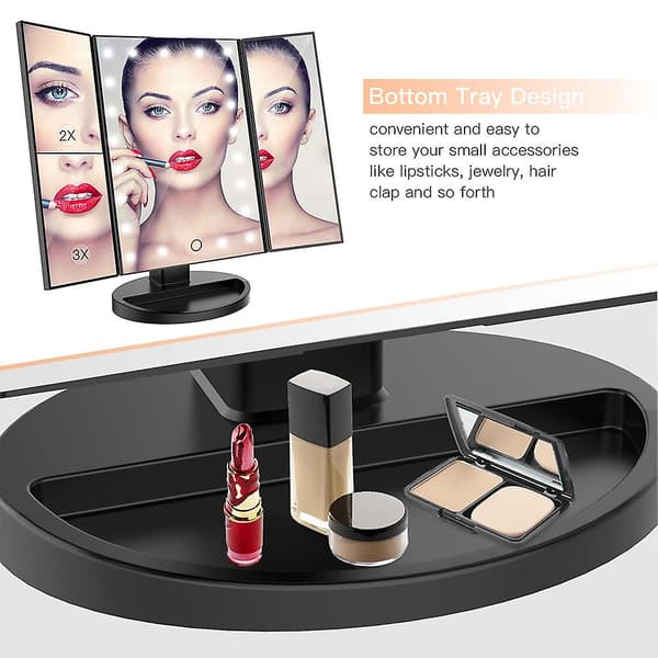 Sminkespeil|svart 22 Lys Batteri + Usb Trippel Beauty Speil Black