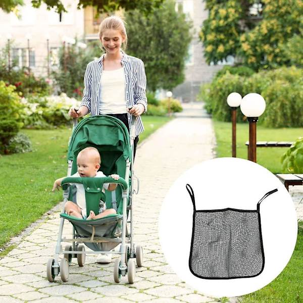 Mesh barnvagnsförvaringsväska, universellt barnvagnsförvaringsnät, barnvagnsnät, barnvagnsorganisatör, meshficka på baksidan av barnvagnen, 2 stycken svart