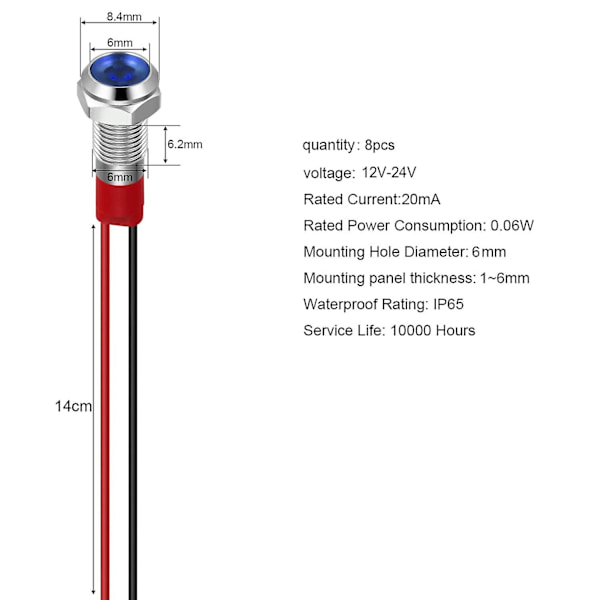 LED Indikator Signallamper - 8 stk, 12-24v, Vandtæt med Sølvfarvet Skal (blå)