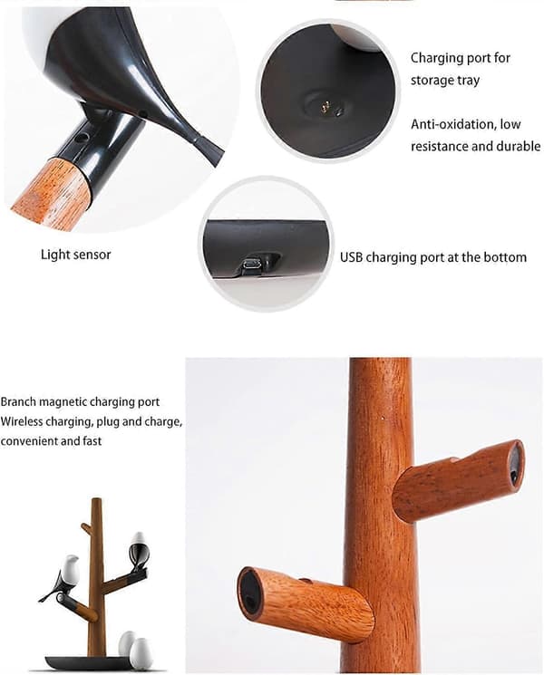 Magpie Bird Smart LED-nattlampa med induktion, träbas och rörelsesensor för vardagsrum, sovrum (Sapele Edition)