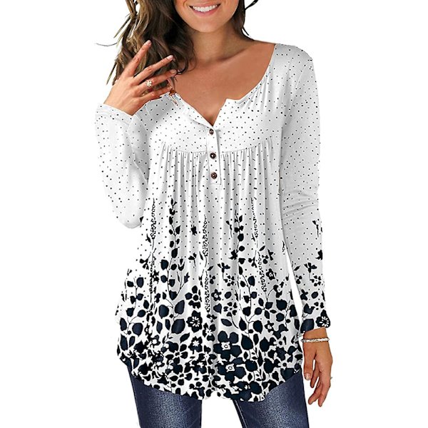 Dame Tunika Topper Ensfarget Plissert V-hals Knapper Bluse Blomstertrykte Damer Winered L