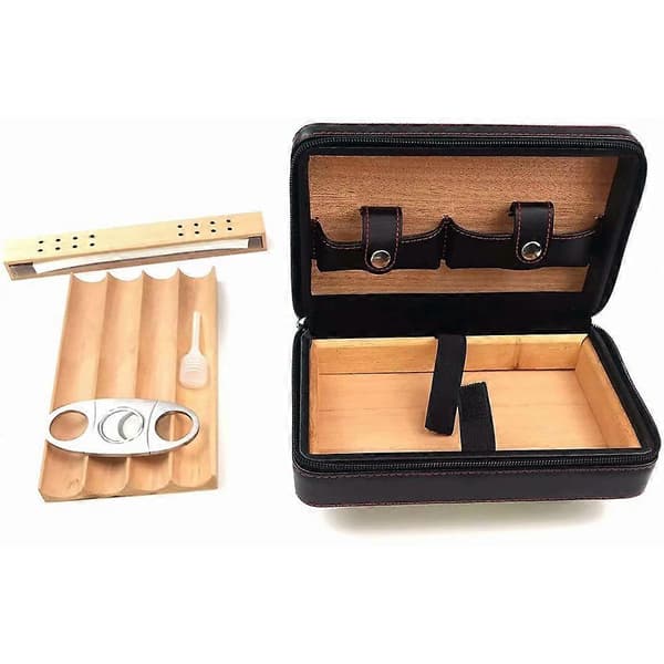 Læder Cigar Humidor Etui, Bærbar Cedertræ Luftfugter til 4 Cigarer