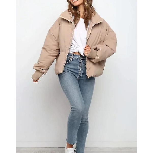 Dam vinter långärmad stativ krage Zip Pufferjacka Baggy Short Down Vadderade kappor Khaki Large