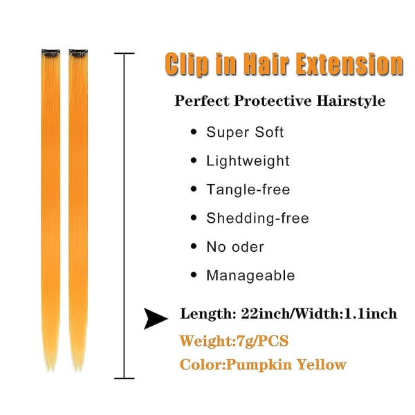 12st färgat rött hårförlängning rakt flerfärgat klipp i hårförlängningar Färgglada 20 tums regnbågsförlängningar för barn Dampresenter Hallowee Pumpkin Yellow