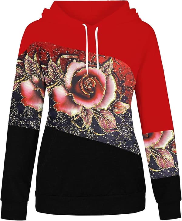 Baggy sweatshirts for kvinner, patchwork, blomstermønstret, hettegenser, avslappet langermet hettegenser for kvinner Red Medium