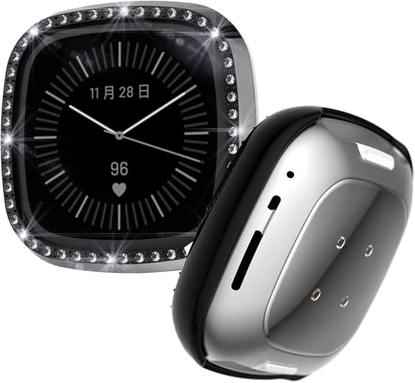 [1-pak] Hård Bumper Ramme Til Fitbit Sense/versa 3 - Skinnende Krystal Diamanter (sort)