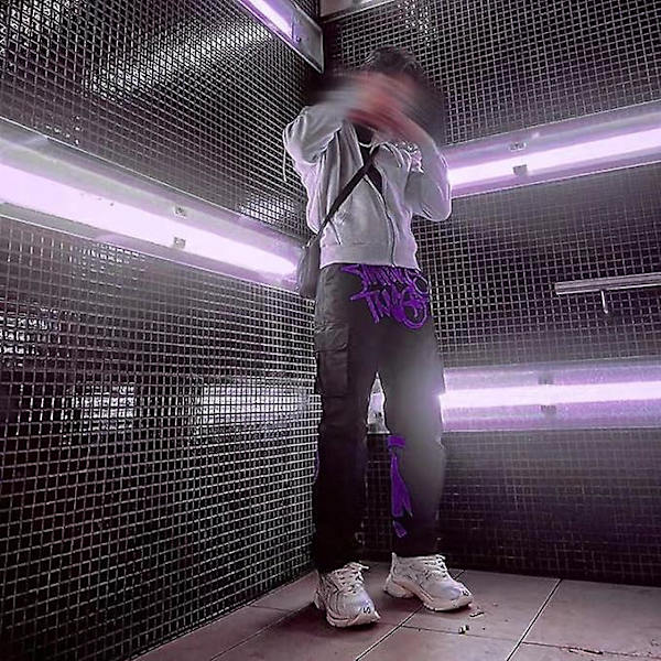 Minus Two Cargo Y2k Herr 2023 Joggingbyxor, Y2k Jeans, Baggy Hiphop Cargobyxor, Harajuku Denim Svart Print Lös Rak purple XL