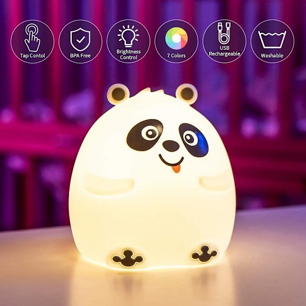 Sød Panda Natlampe til Børn, Batteridrevet Farveskiftende Småbørns Lampe med Tap Genopladelig, Silikone Bjørn Natlampe