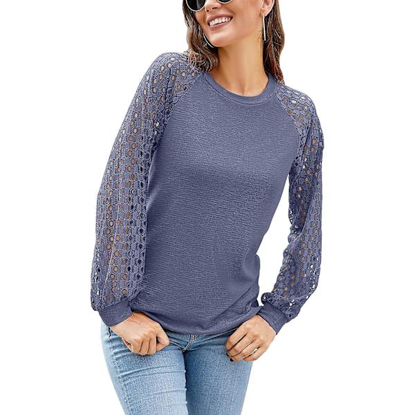 Dam långärmad toppar pullover spets casual lös blusar t-shirts