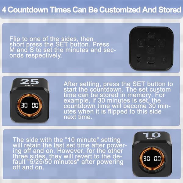 Cube Visuel Timer, Rotations Pomodoro Timer, 5/10/25/50 Minutter og Brugerdefineret Nedtælling, Tilpasselig Tidsopbevaring, Lydløs og Ringetilstand blackone