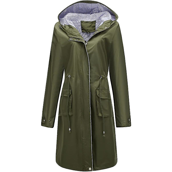 Dame Lang Vandtæt Jakke med Hætte Letvægts Regnfrakke Vindjakke Udendørs Trenchcoat Green M