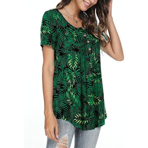 Kvinnors vår-sommar Henley-skjortor Knäppta tunikor Toppar 2023 Casual Kortärmad blus T Green Leave 3XL