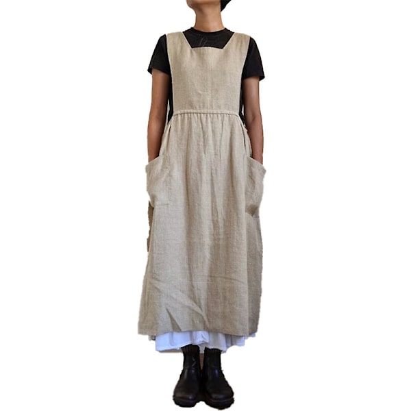 Dame Kjole Afslappet Løs Ensfarvet Forklæde Lange Stropper Bomuld Hør Overalls Kjoler Med Lommer, beige beige L