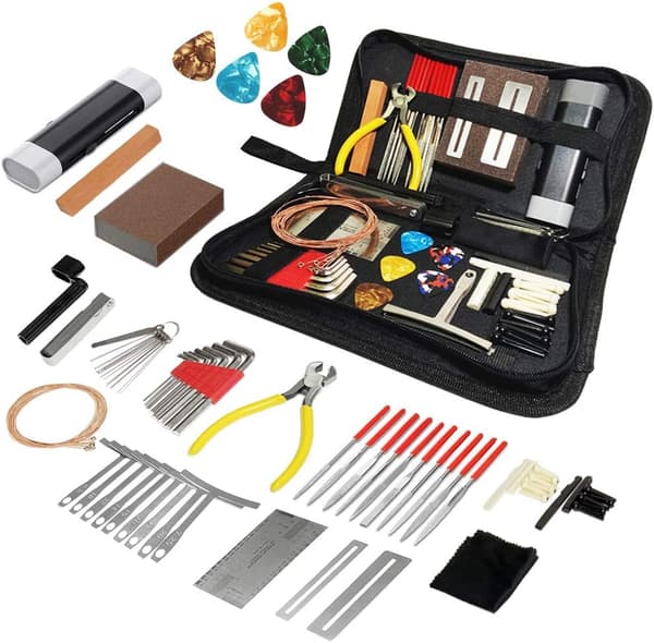 72-dels Gitarrverktygssats, Professionell Gitarrreparation och Underhållssats med Gitarrsträngar, Plektrum, Bryggpinnar, Mätare, Gitarrtillbehör, Present