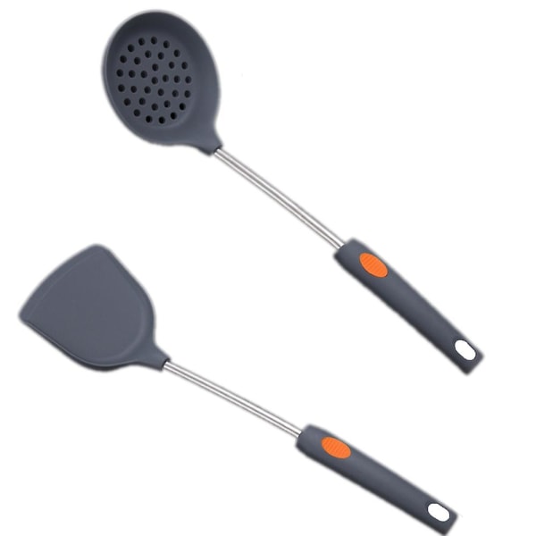 Silikon Köksredskap Set, 2st Kök Must Haves Rostfritt stål Handtag Matlagningsverktyg, grå spatel * Grå sked Gray spatula * gray colander