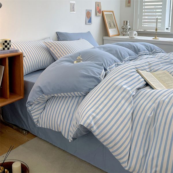 Bomullsduntäcke, lyxigt enkelt randigt sängklädesset, japansk stil rent bomullstäcke randigt blue 2.0m