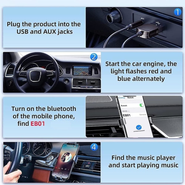 Bluetooth Aux-adapter, Trådløs Bluetooth-mottaker, Innebygd mikrofon Aux-in for håndfri ringing, Plug & Play, Automatisk påslåing for bilhøyttaler